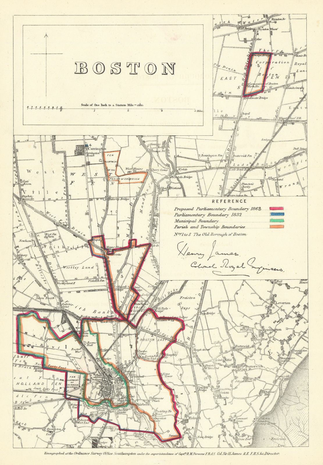 Boston, Lincolnshire. JAMES. Parliamentary Boundary Commission 1868 old map